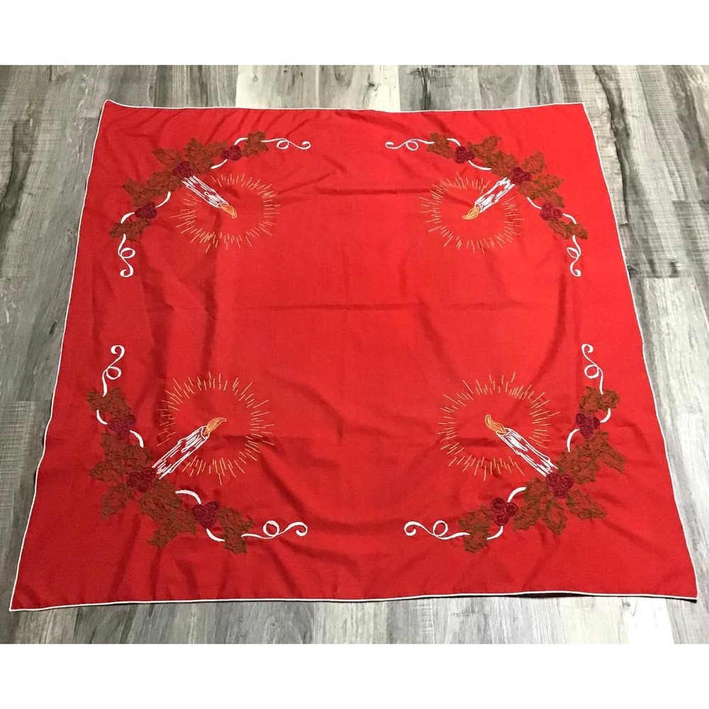 VTG 50's Christmas Tablecloth Red Embroidered Candles Holly‎ 42x42 MCM Whimsical